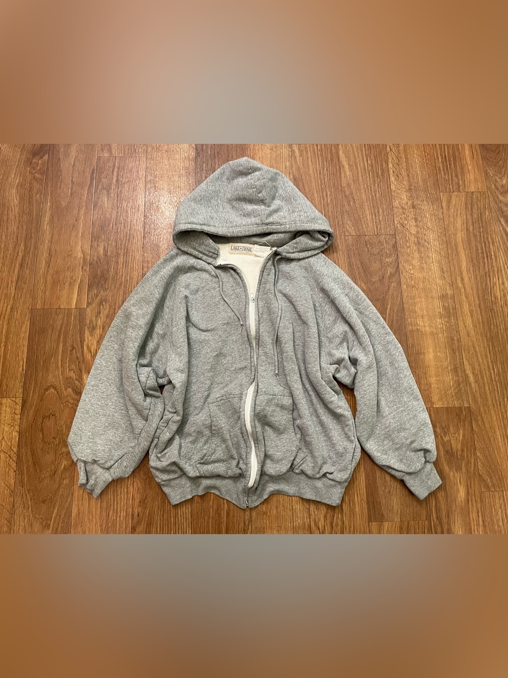 Vintage Gray Thermal Lined Zip Up Hoodie Waffle Knit Boxy XL Fits Like Large